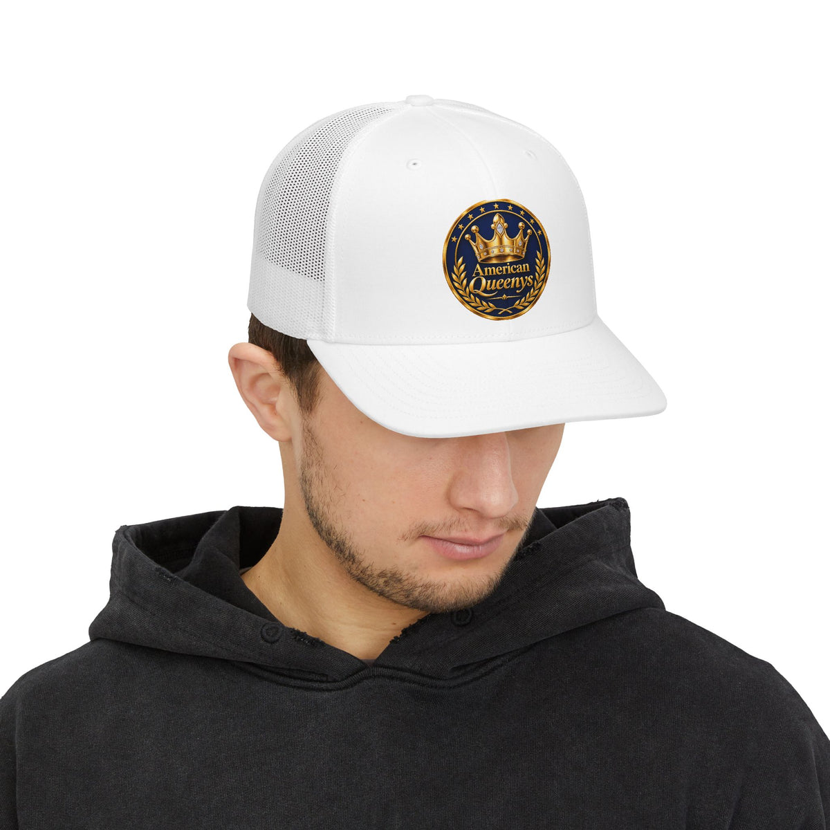American Queens Snapback Trucker Cap — Crown Emblem Patriotic Mesh Hat