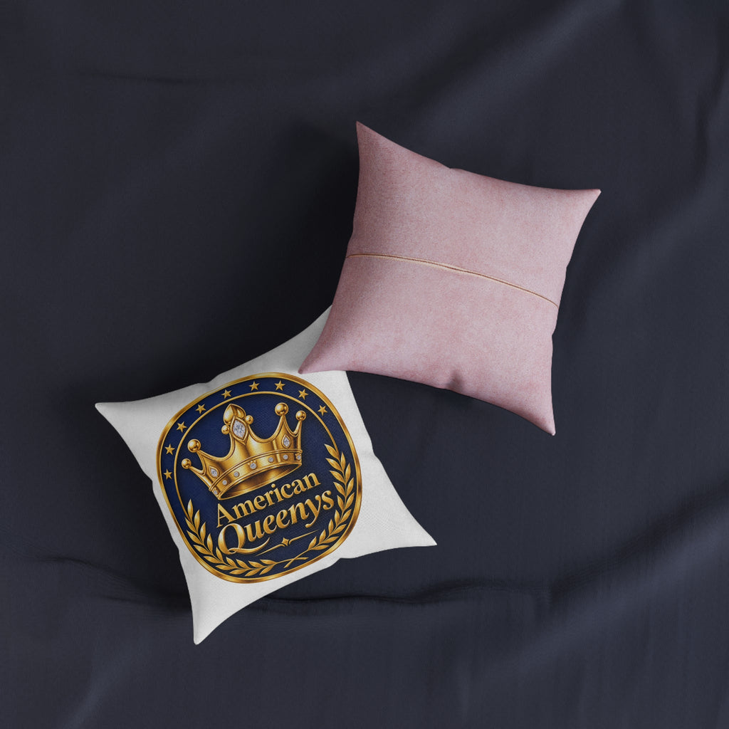American Queenys Decorative Pillow — Gold Crown Accent on Navy Medallion (Pink Back)