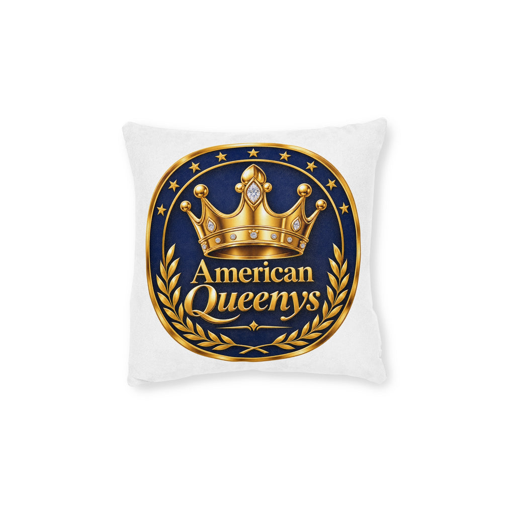 American Queenys Decorative Pillow — Gold Crown Accent on Navy Medallion (Pink Back)