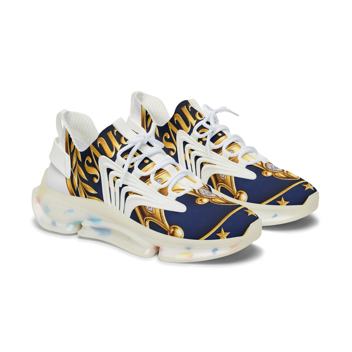 Women's Mesh Sneakers – Navy Gold Playing Card Royale Design