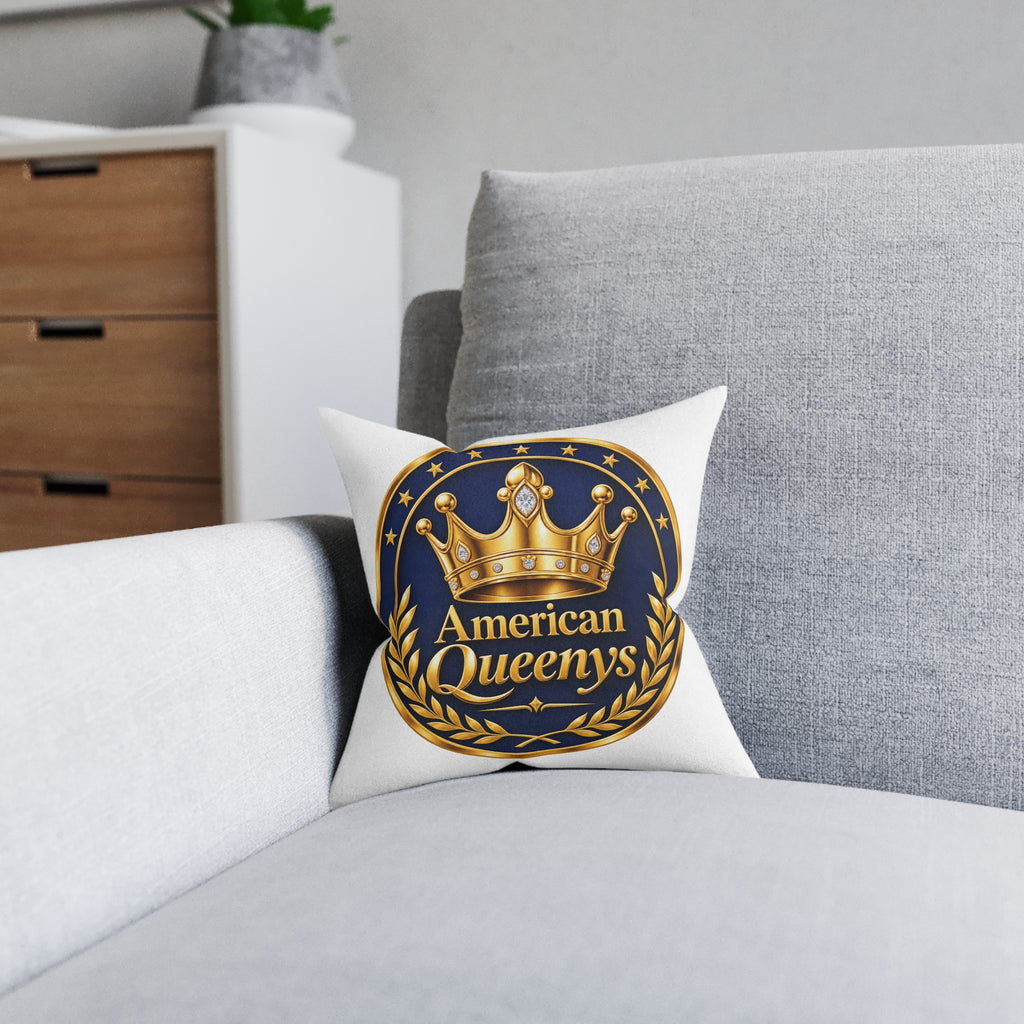 American Queenys Decorative Pillow — Gold Crown Accent on Navy Medallion (Pink Back)